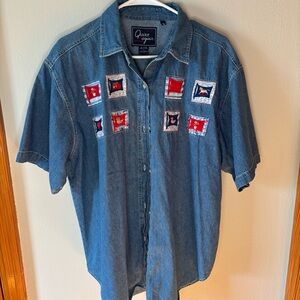 Vintage Blue Denim Shirt with Patchwork Accents